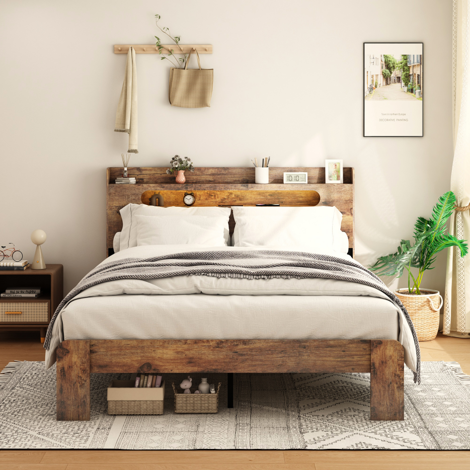 Queen Wood Platform Bed Frame with LED Headboard & USB Ports