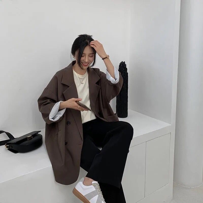 Women's Double Breasted Coffee Suit Jacket - Mid-Length
