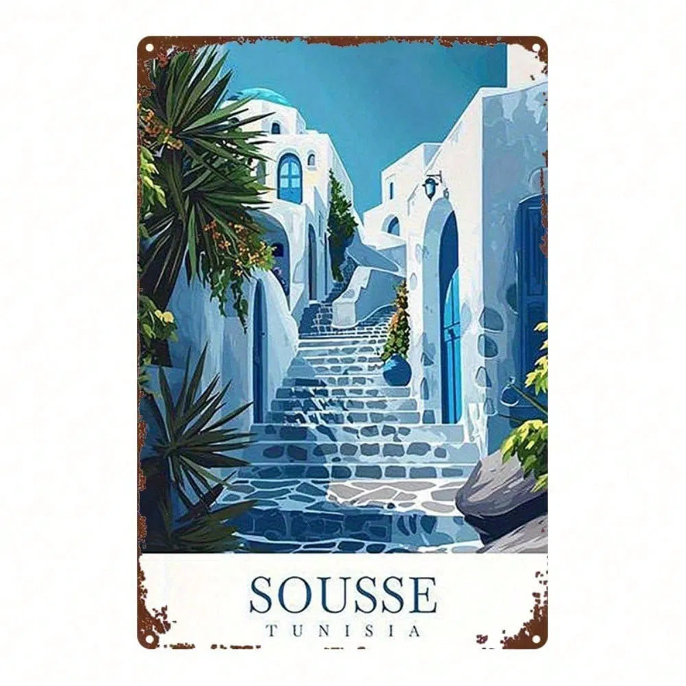 Blue Mediterranean Metal Wall Sign - 8x12 Inch Plaque Art