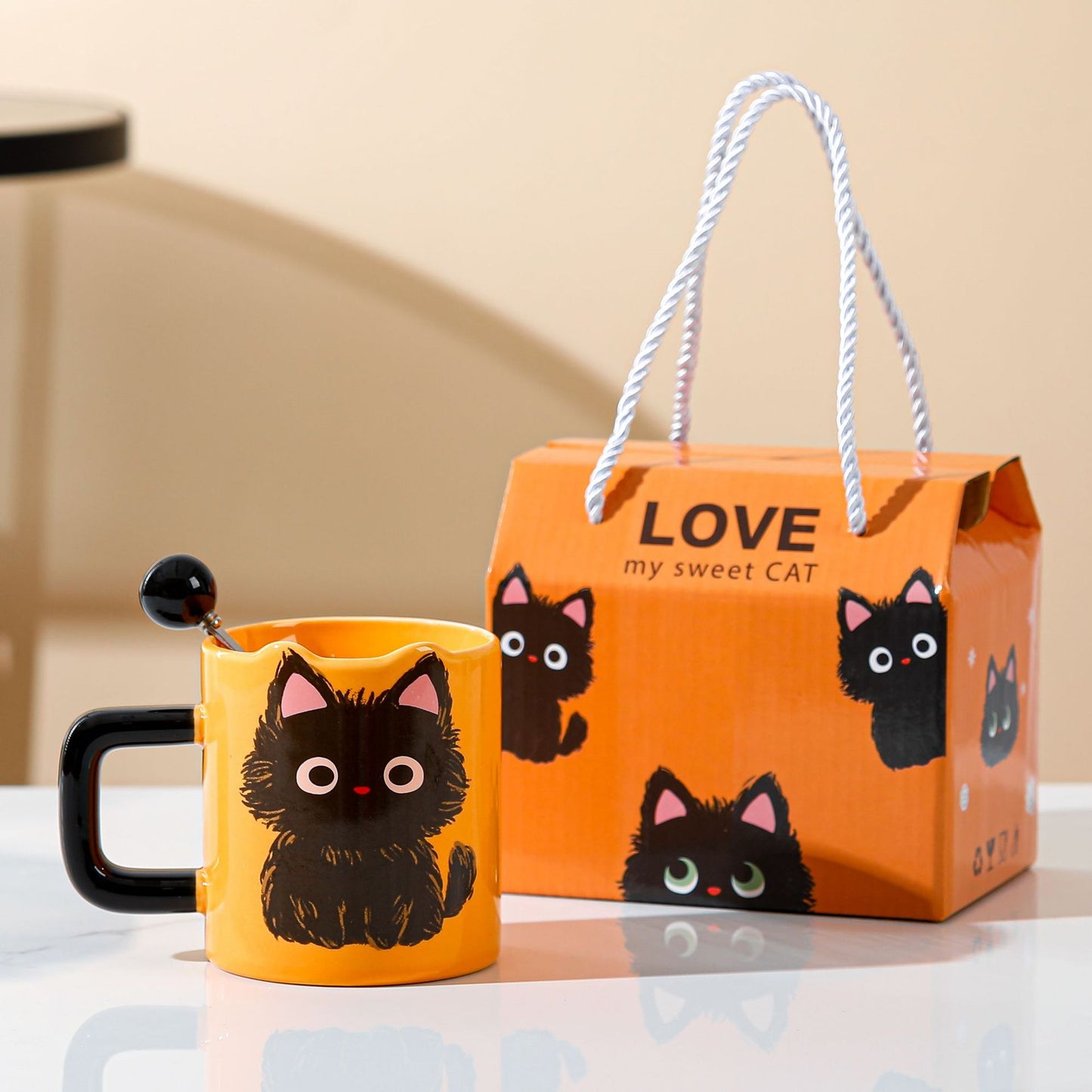 Cute Black Cat Mug with Lid and Spoon - Ceramic Drinkware Set