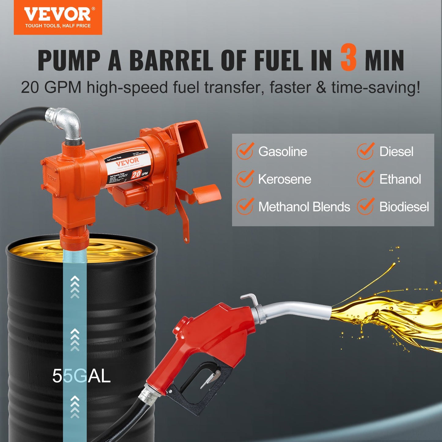 12V DC Fuel Transfer Pump - 20 GPM Gasoline Diesel Kerosene Ethanol Biodiesel
