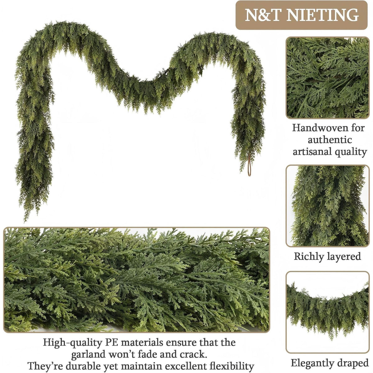 Christmas Pine Needle Garland - Soft Rubber Feel Festive Holiday Decor