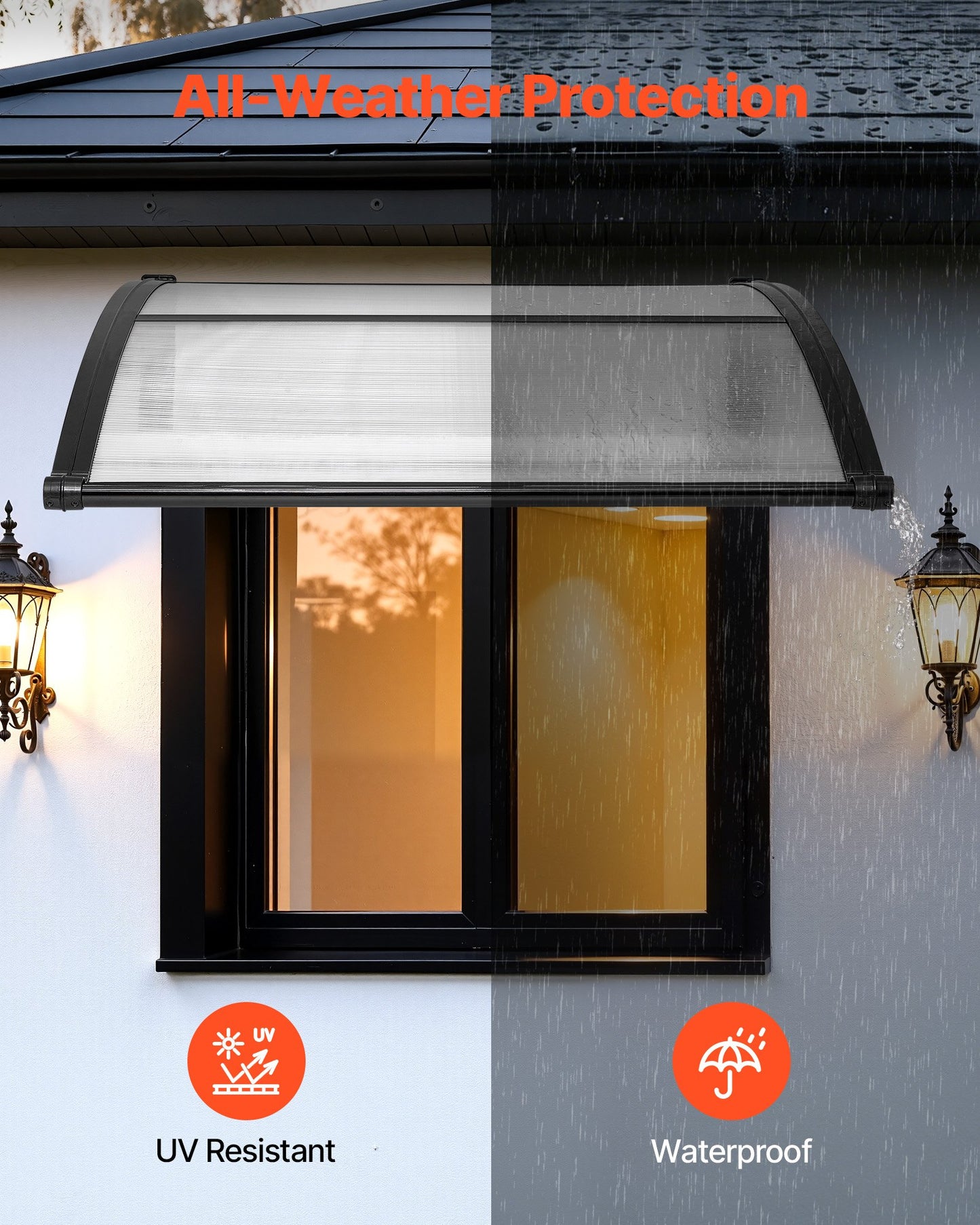 Clear Polycarbonate Door Awning 38x40 In with Drainage & ABS Brackets for Porch & Patio
