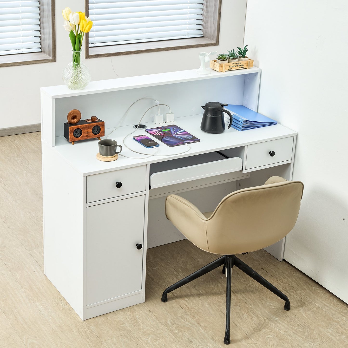 Reception Desk with LED Light - 47 Inch White Office Counter Table