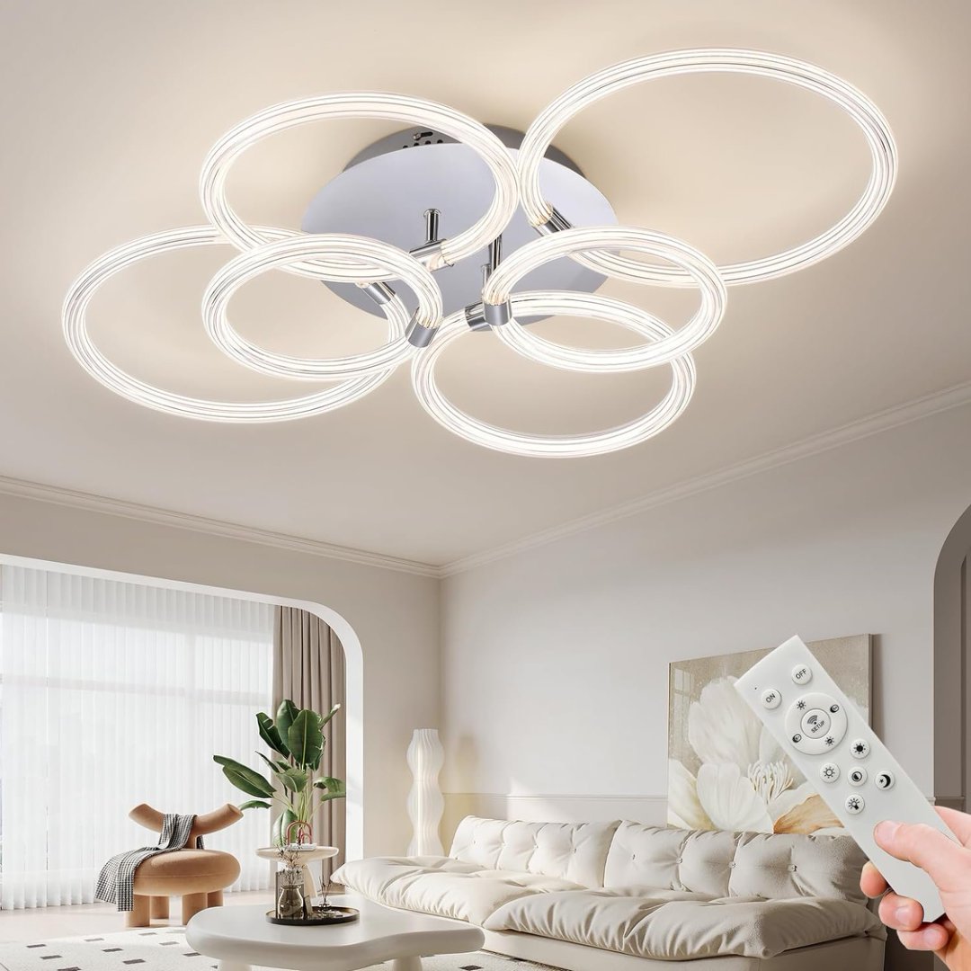 Modern LED Flush Mount Ceiling Light with Dimmable Remote Control, 6-Ring Acrylic Fixture for Bedroom Living Room Kitchen Office