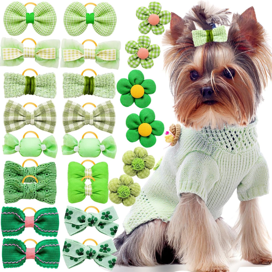 Pet Hair Bows for Small & Medium Dogs - 20 Colorful Rhinestone & Lace Clips