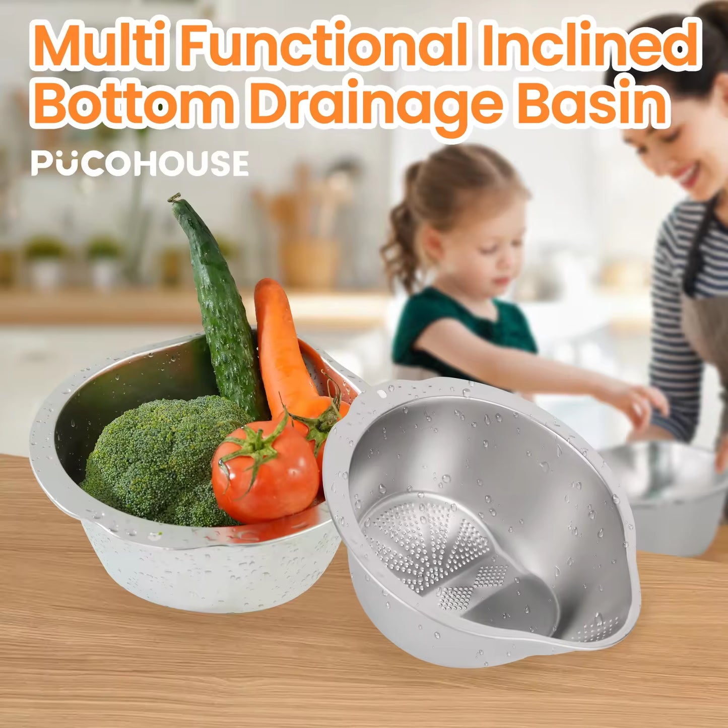 Slanted Bottom Drain Bowl - Stainless Steel Colander for Pasta, Rice & Produce