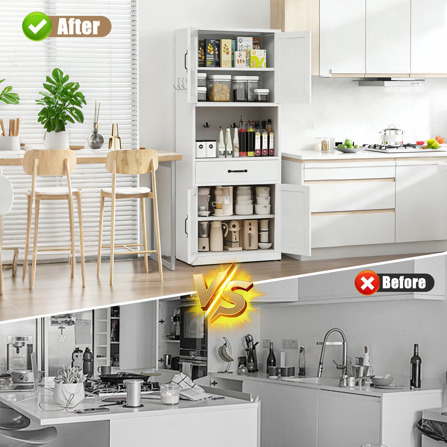 71 High White Steel Kitchen Pantry Storage Cabinet With Large