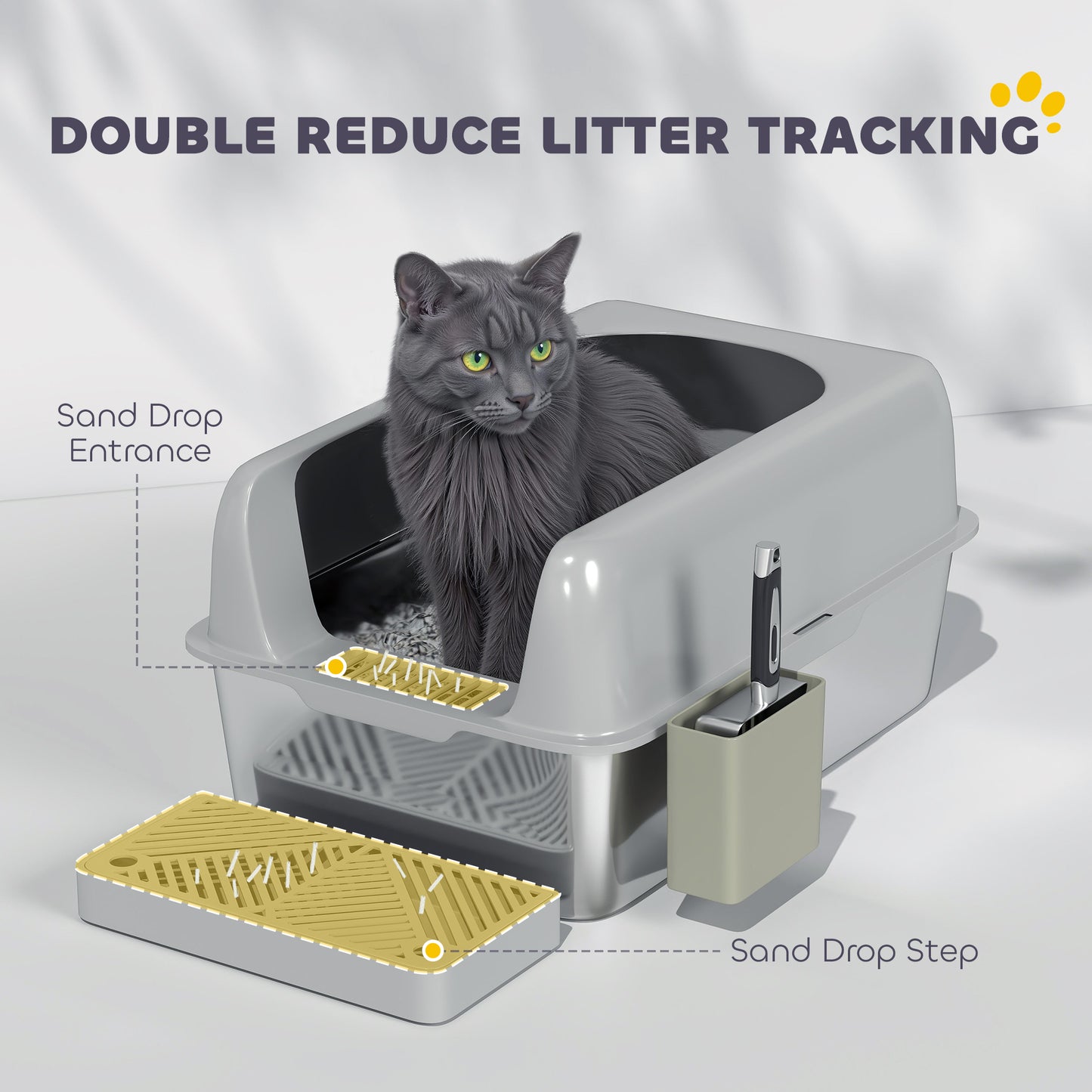 High Sided Stainless Steel Cat Litter Box with Scoop & Holder - Light Gray, 650x210x450mm