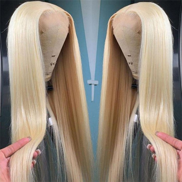 Long Straight Synthetic Wig with Lace Front - Gold Color, 65cm