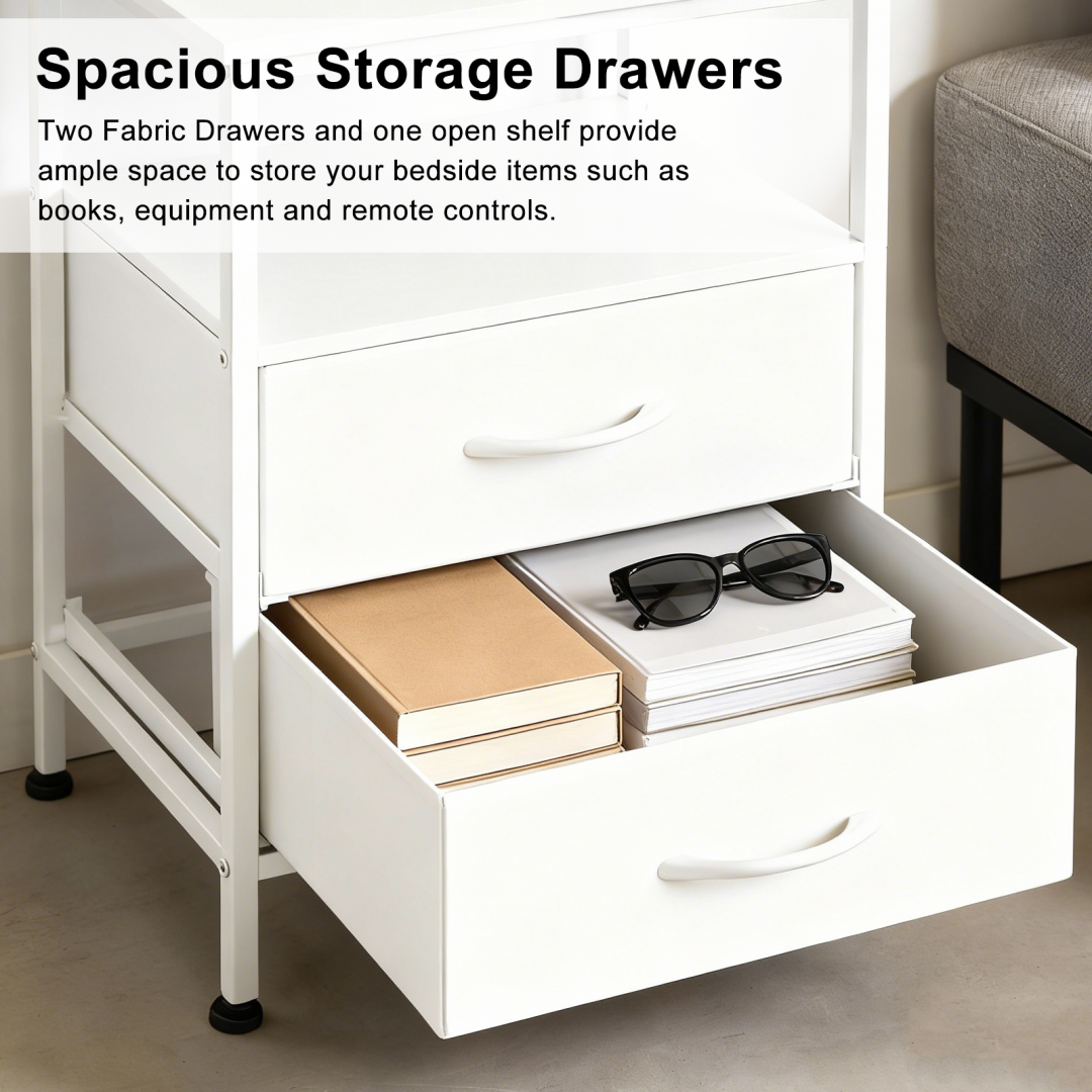 Small Bedside Table with Charging Station & Fabric Drawers - White