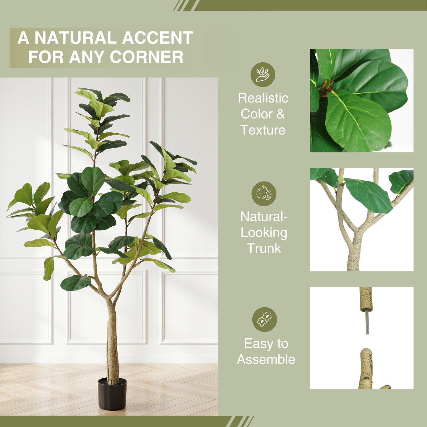 6FT Artificial Fiddle Leaf Fig Tree in Black Pot - Realistic Faux Plant