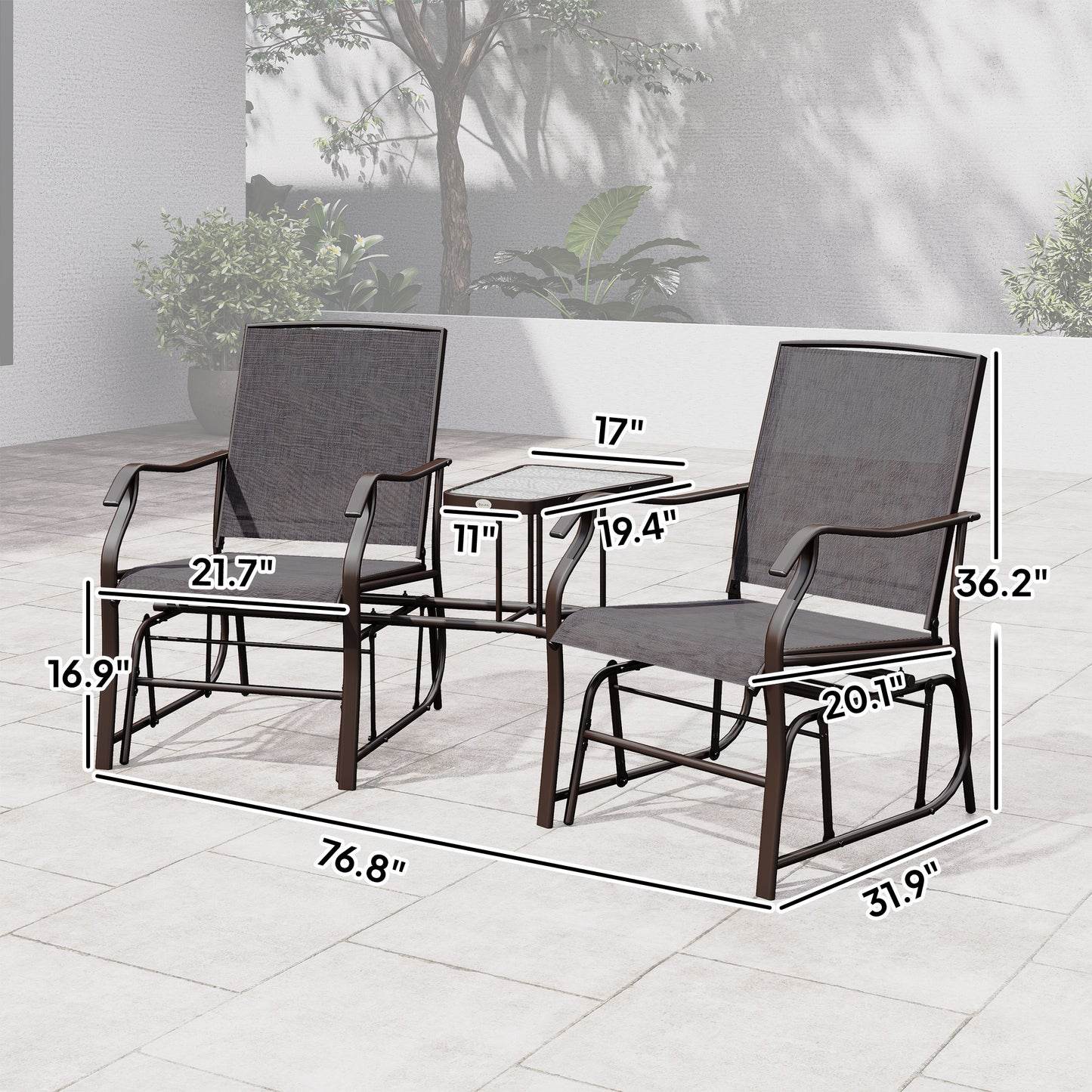Outdoor Glider Chair with Coffee Table - 2-Seat Rocking Loveseat, Gray