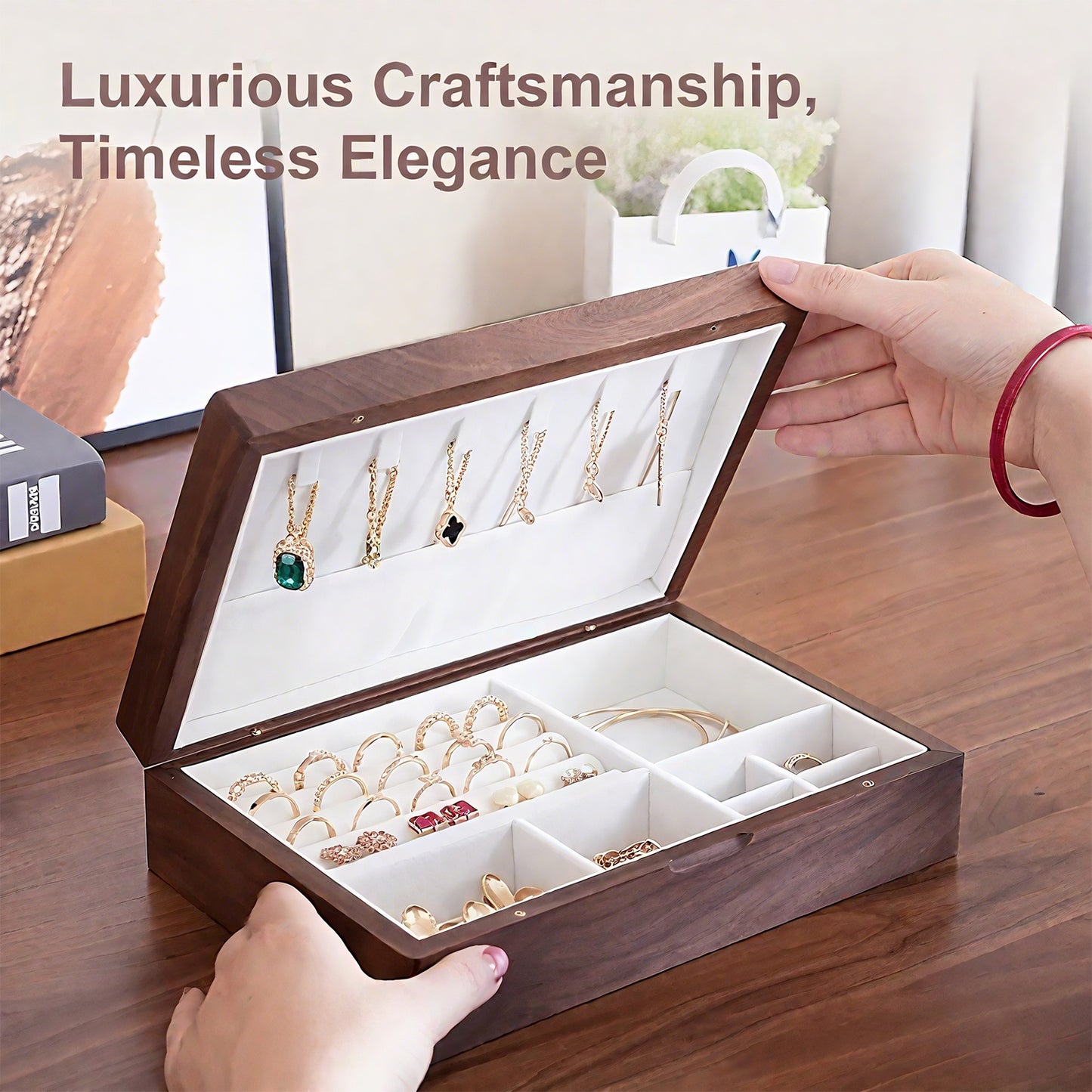 Solid Wood Jewelry Storage Box - Hand-Embroidered Black Walnut
