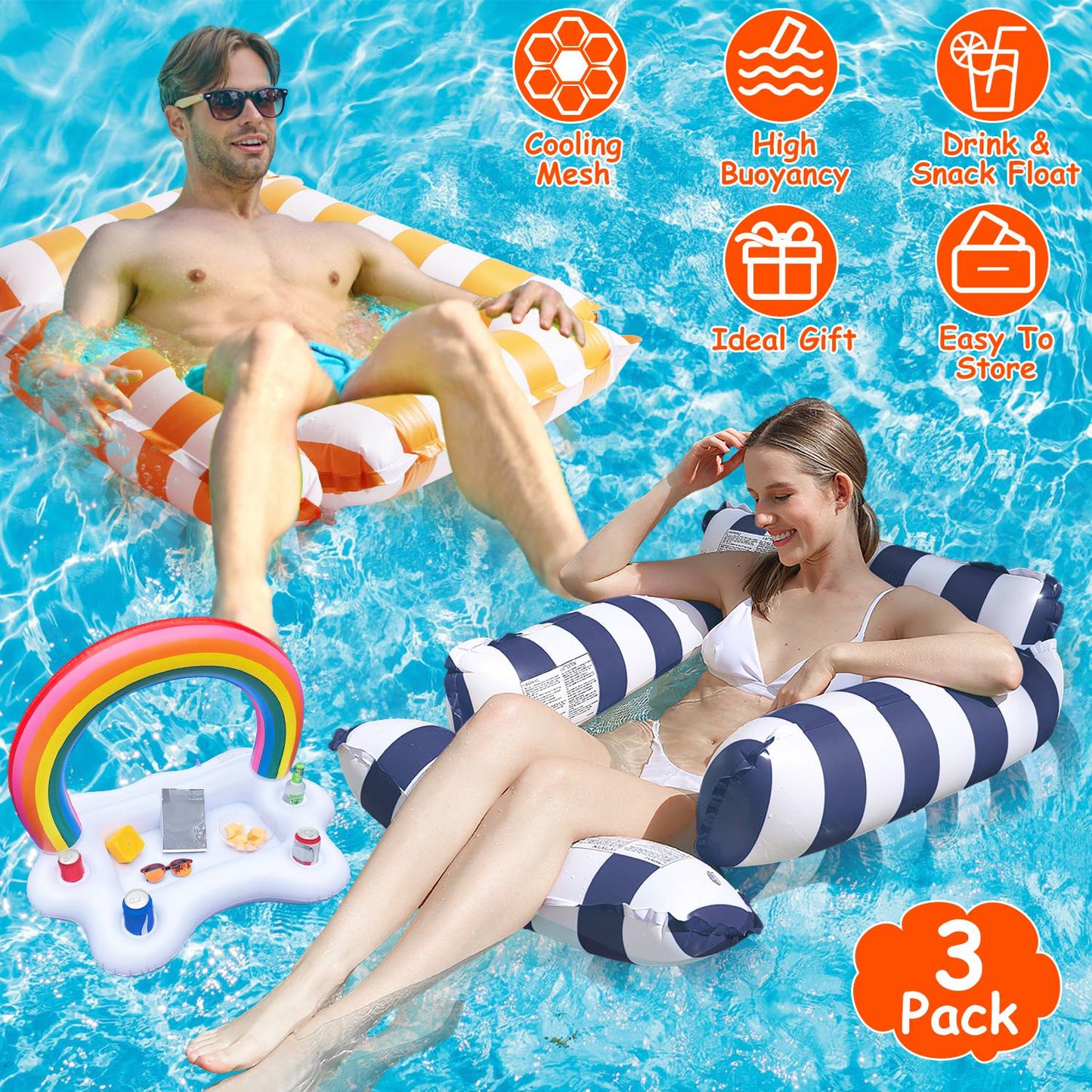 Inflatable Pool Float Set - 2 Hammocks & 1 Drink Float