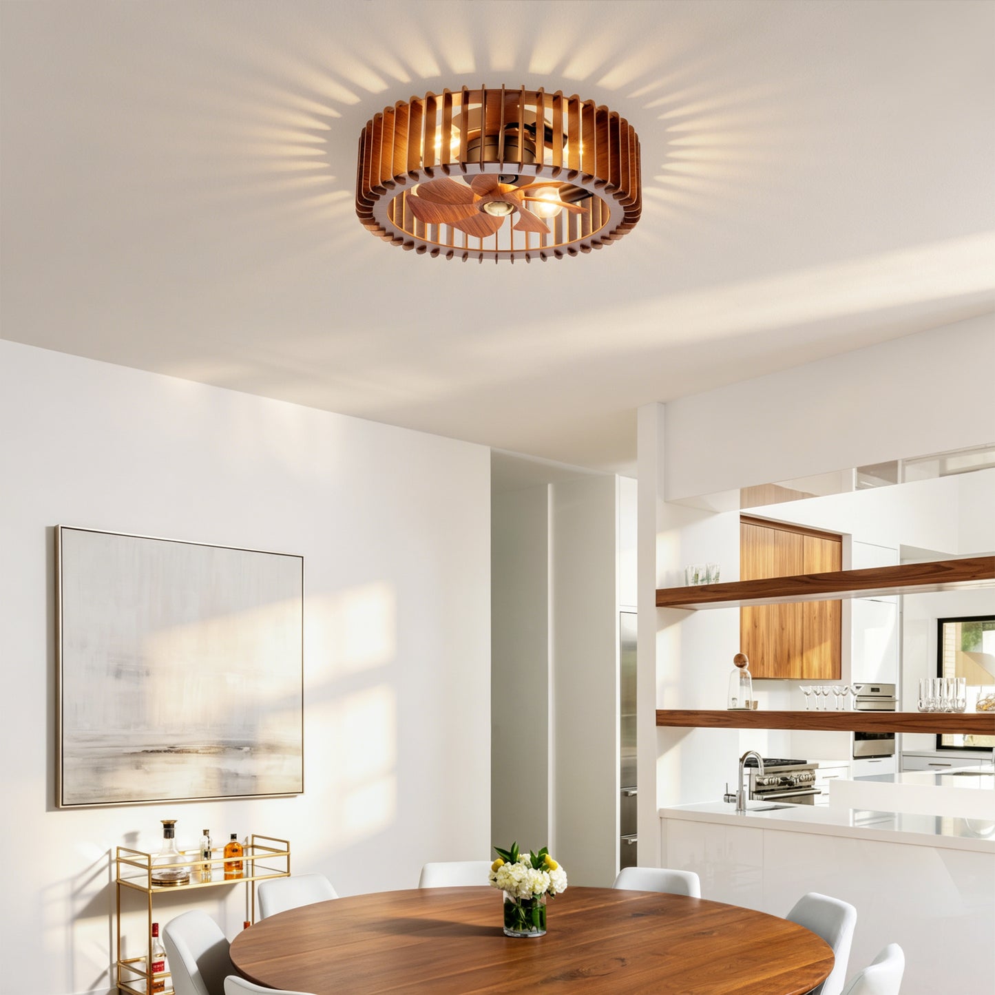 20" Modern Flush Mount Ceiling Fan Light with Remote Control - Wood