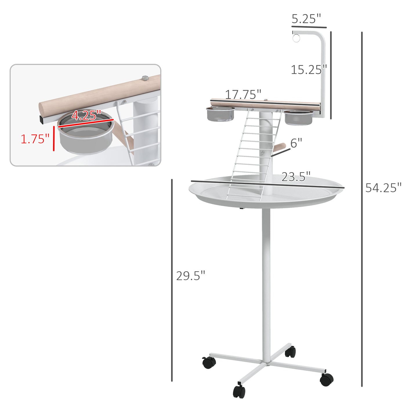 Bird Stand with Wheels, Perches, Feed Bowls & Tray for Parrots
