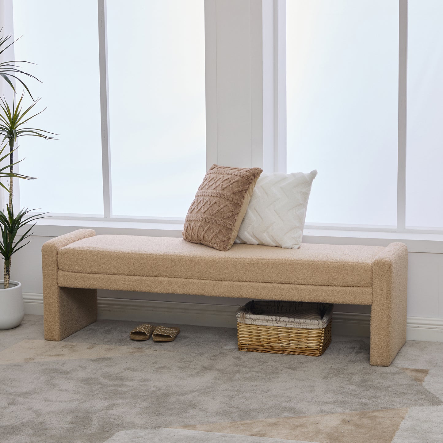 66.9" Modern Upholstered Boucle End Of Bed Bench - Wheat