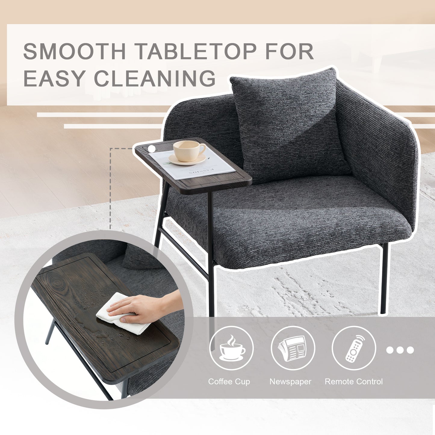 Modern Upholstered Leisure Chair with Side Table & Back Pillow - Dark Gray