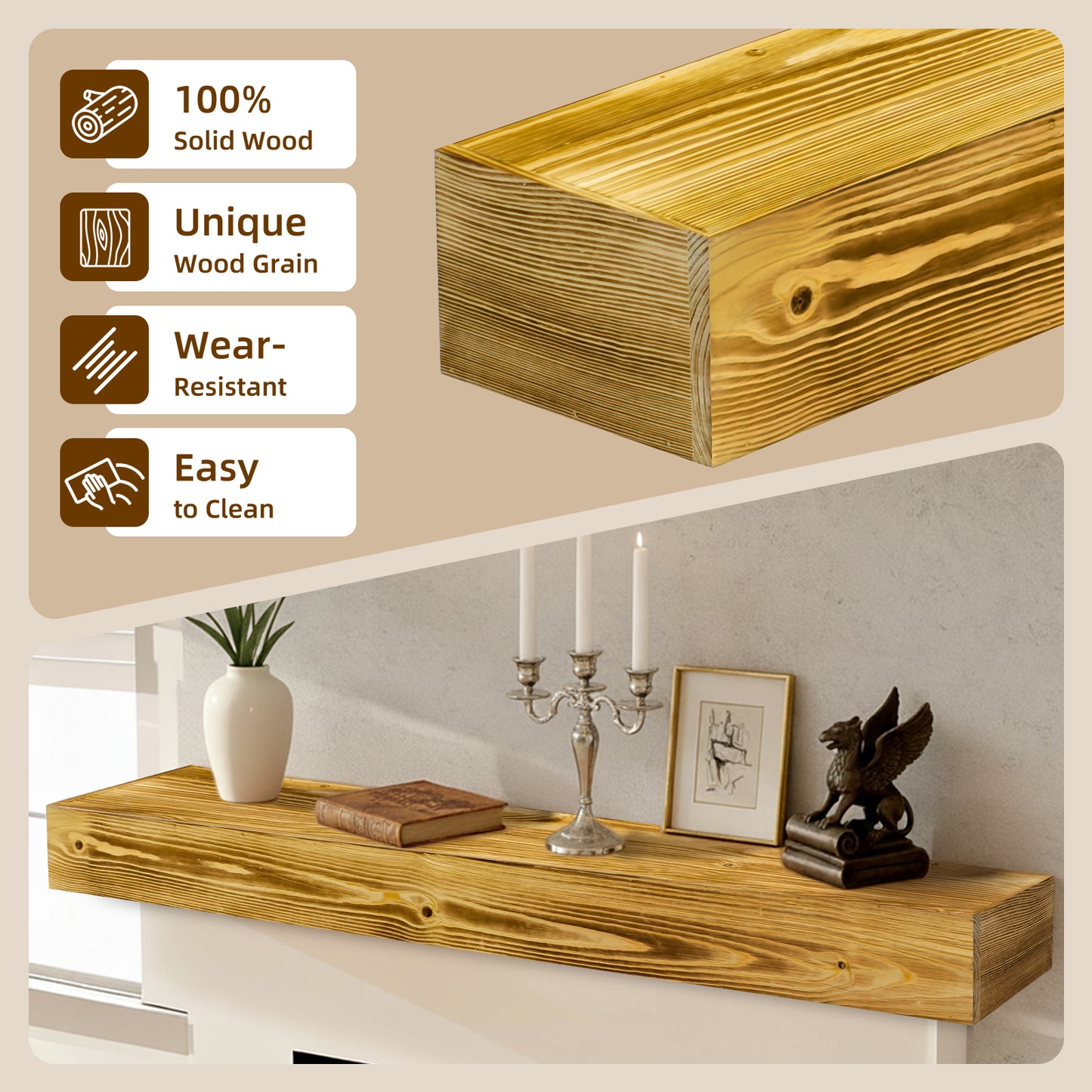 60 Fireplace Mantel, Rustic Mantle Shelf With Invisible Brackets,