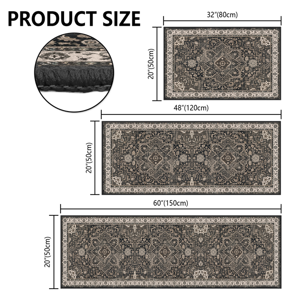 Washable Boho Kitchen Rug Set of 3 - Non-Slip Runner & Mats