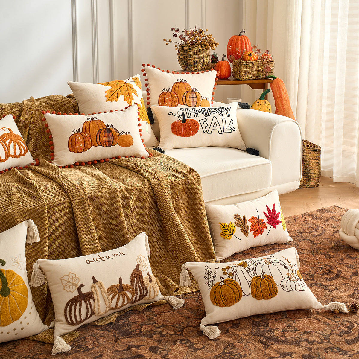 Autumn Maple Leaf Pumpkin Pillow Cover for Sofa & Living Room Decor