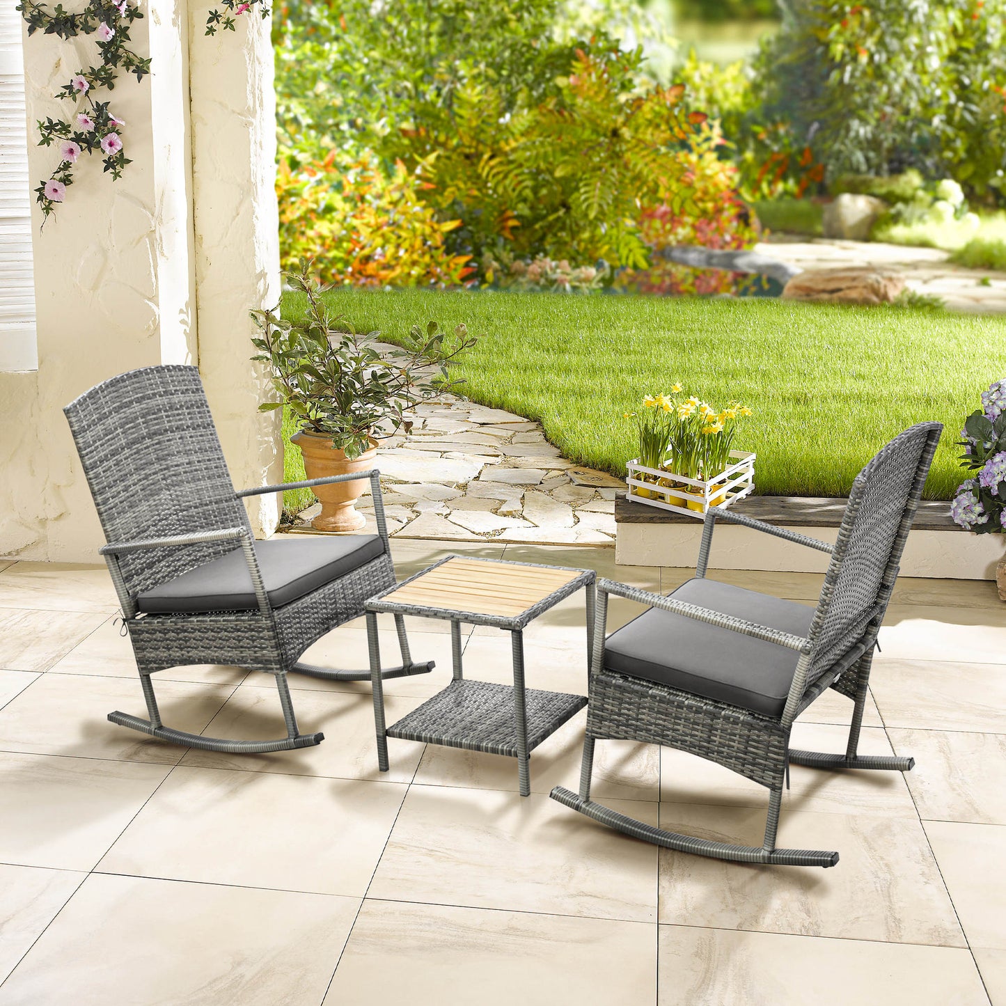 3-Piece Outdoor Rocking Chair Set with Cushions & Coffee Table - Gray