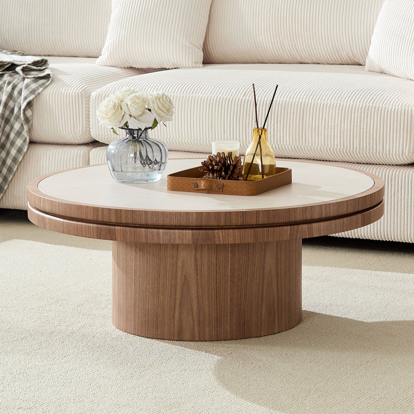 35.43-Inch Coffee Table with Sintered Stone Top - Walnut