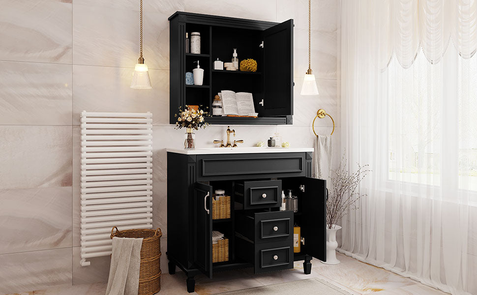36'' Modern Bathroom Vanity with Black Mirror Cabinet & Sink