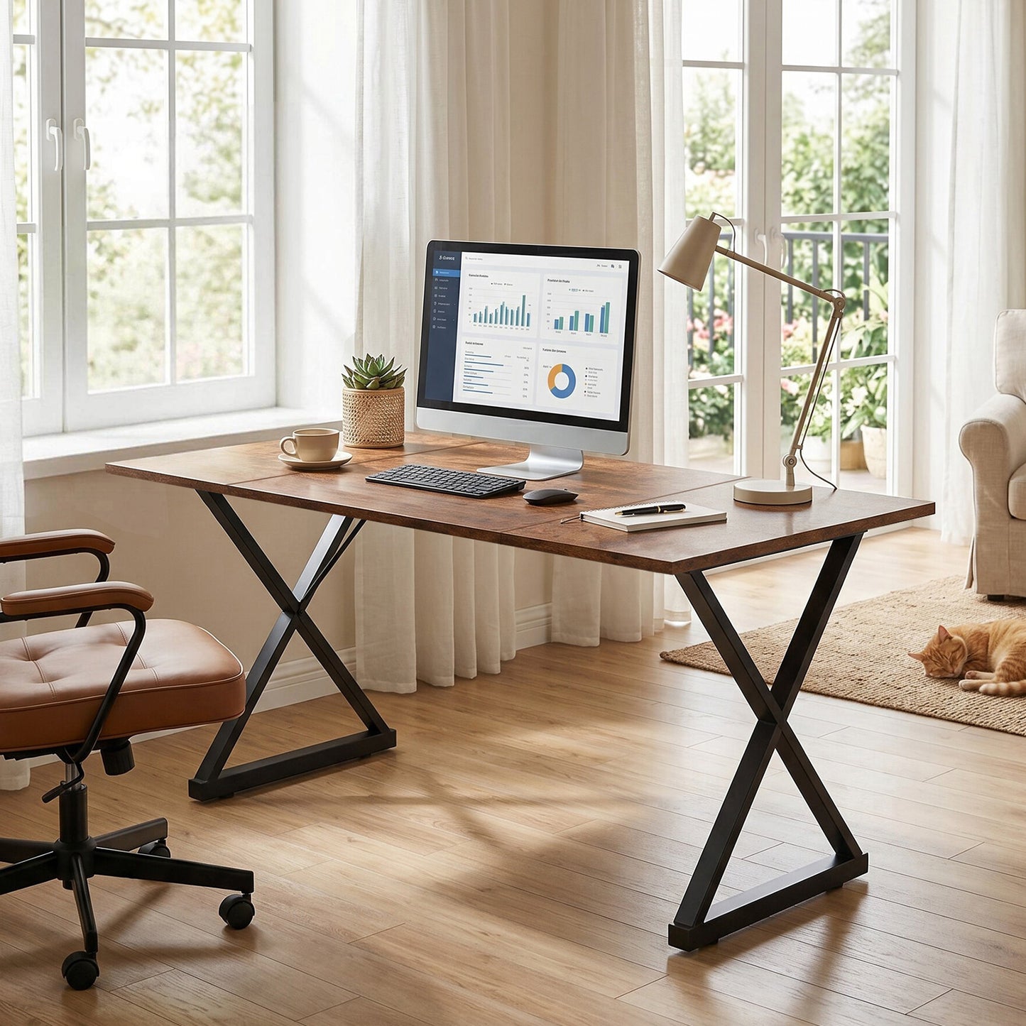 Executive Wooden Computer Desk - Ergonomic Writing Table with Metal Legs