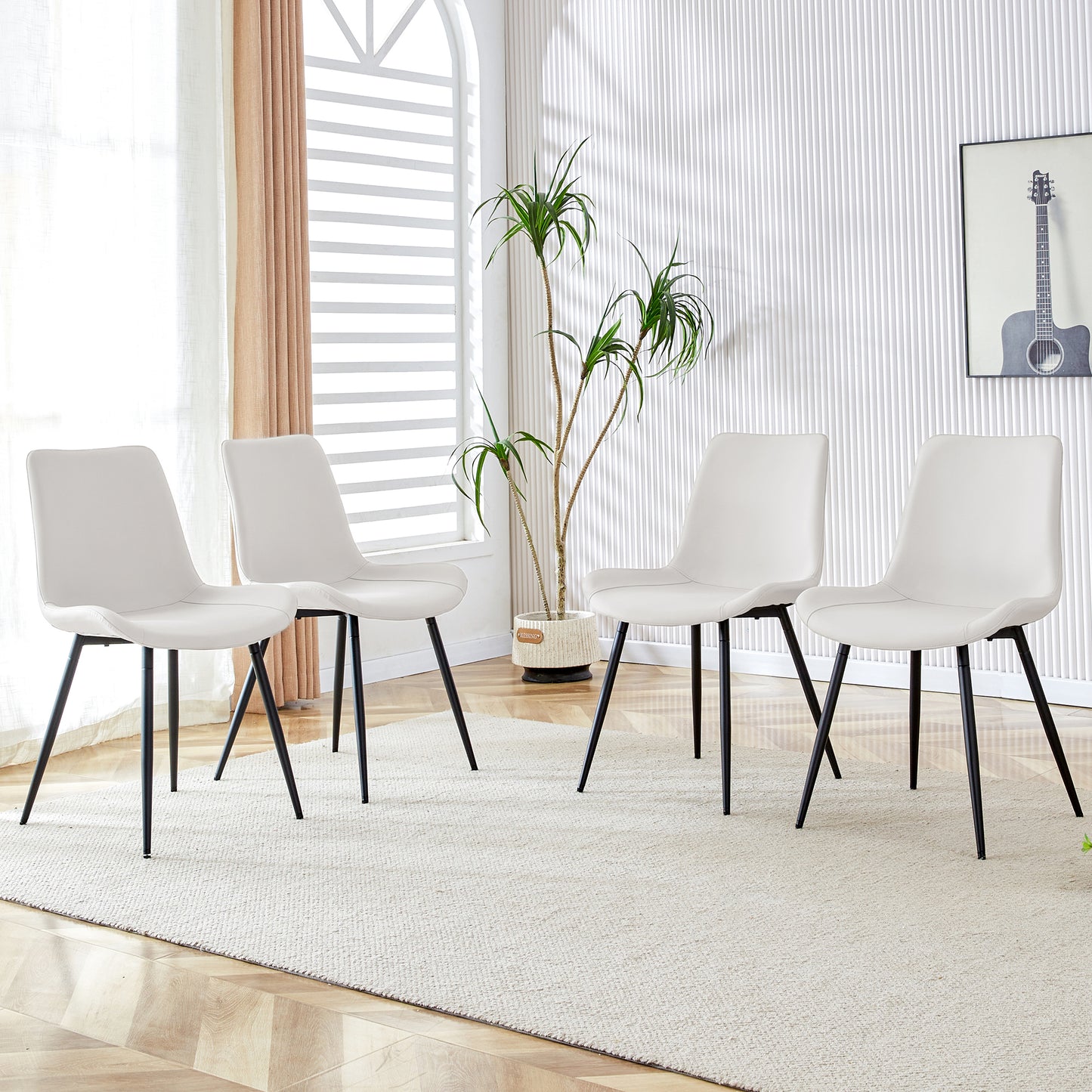 White Artificial Leather Backrest Cushion Dining Chair, Black Metal