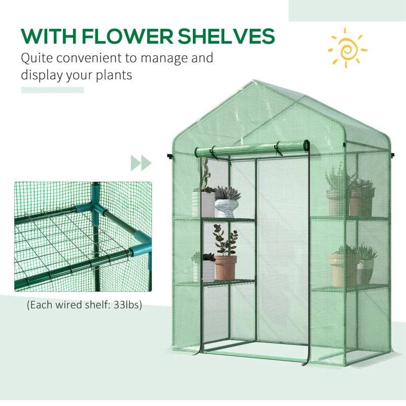 Walk-In Greenhouse with 3 Tiers Shelves, Roll-Up Door & PE Cover - Green