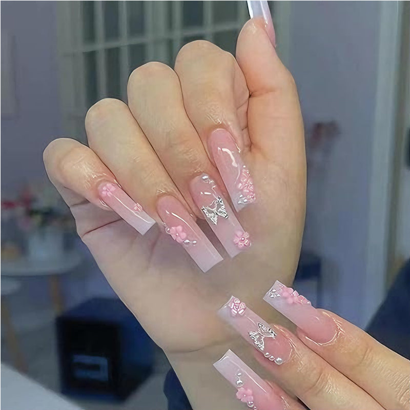 24pcs Long Square Fake Nails - Butterfly & Flower Diamond Press-On Set
