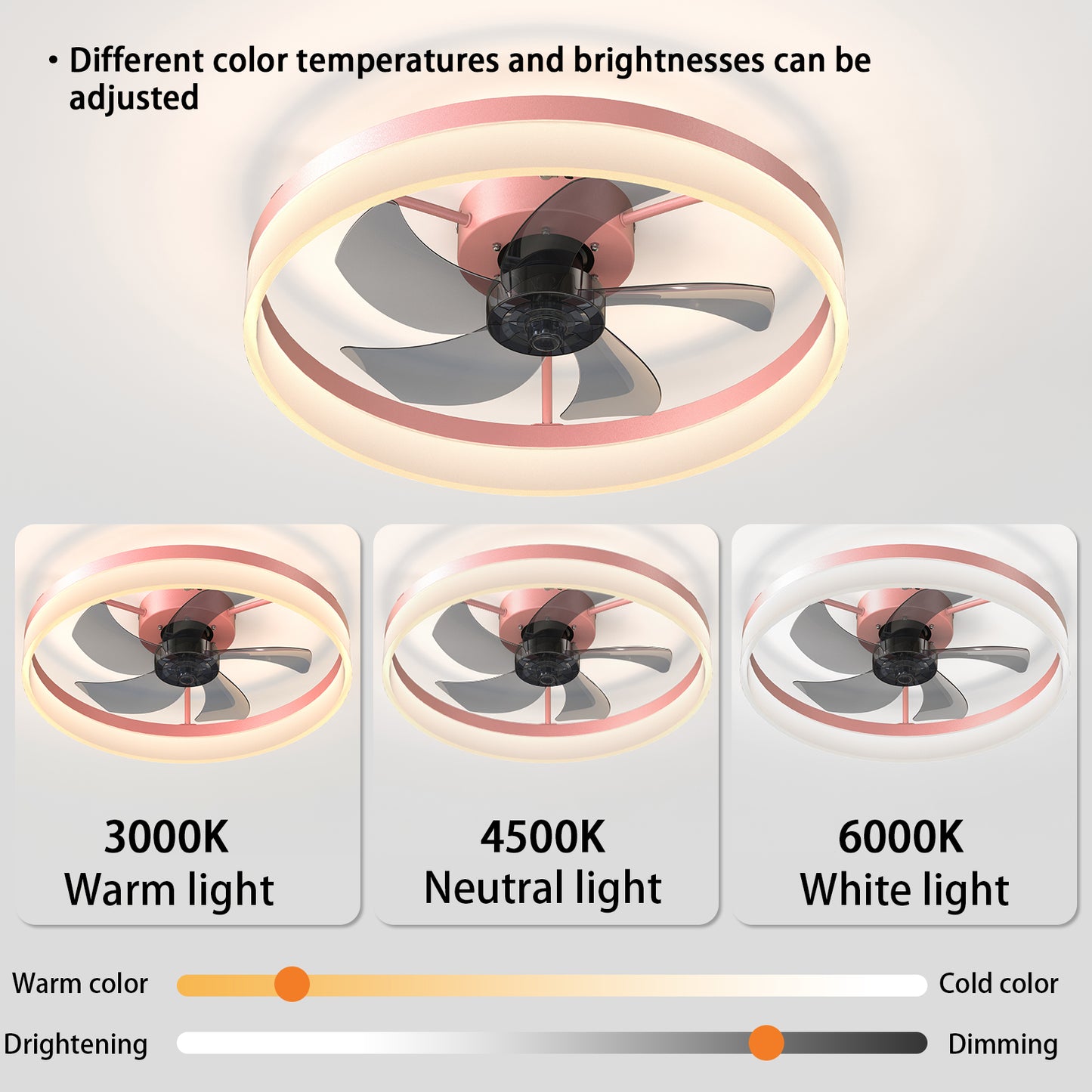 Dimmable LED Ceiling Fan with Lights - Modern Thin Design, Pink