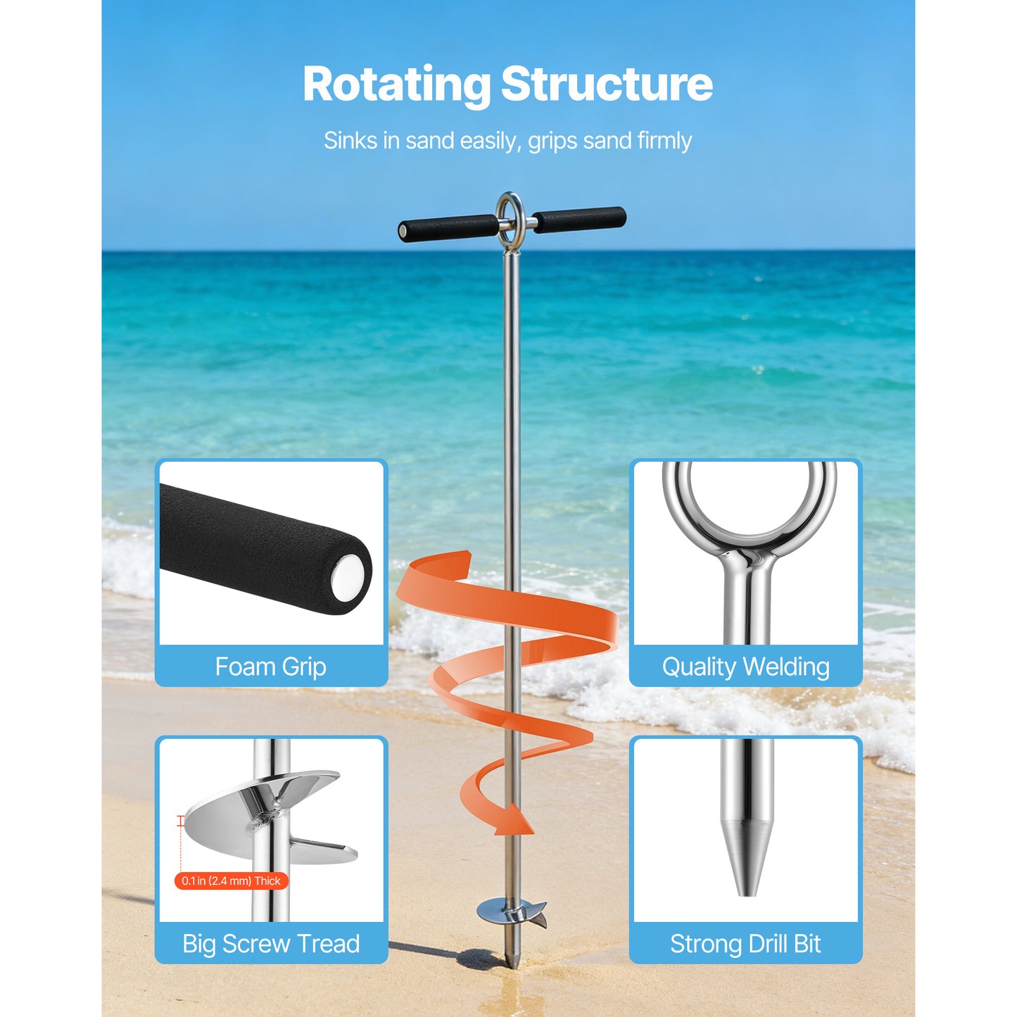 Stainless Steel Sand Anchor - 36 Inch Beach Boat Anchor for Kayaks, Jet Skis & Pontoons