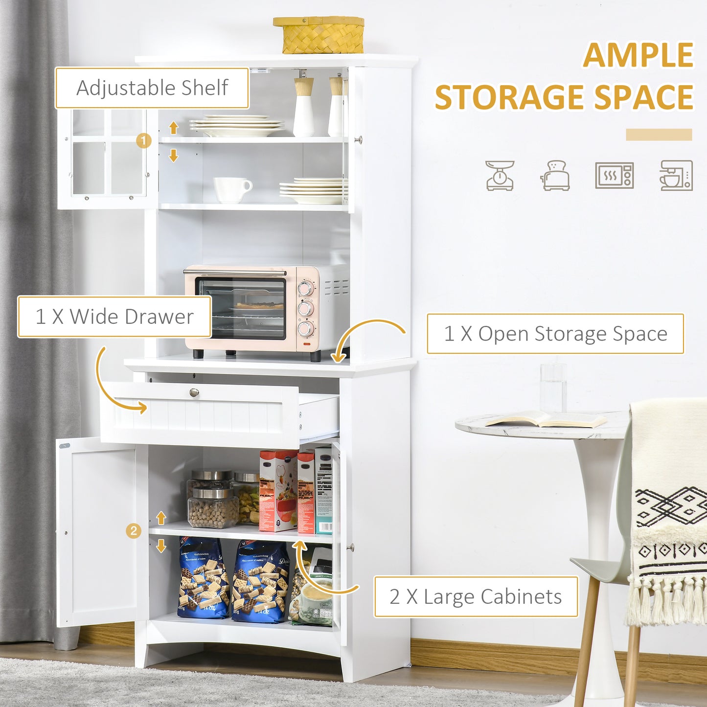 Freestanding Kitchen Buffet Hutch Cabinet - White Storage Pantry