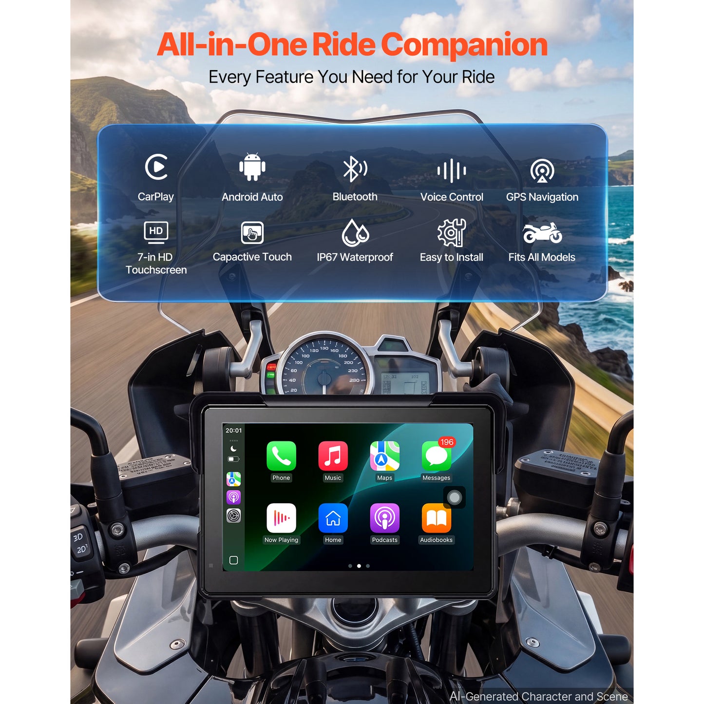 7 Inch Wireless Carplay GPS Navigation System for Motorcycles & Cars with Touchscreen & Voice Control