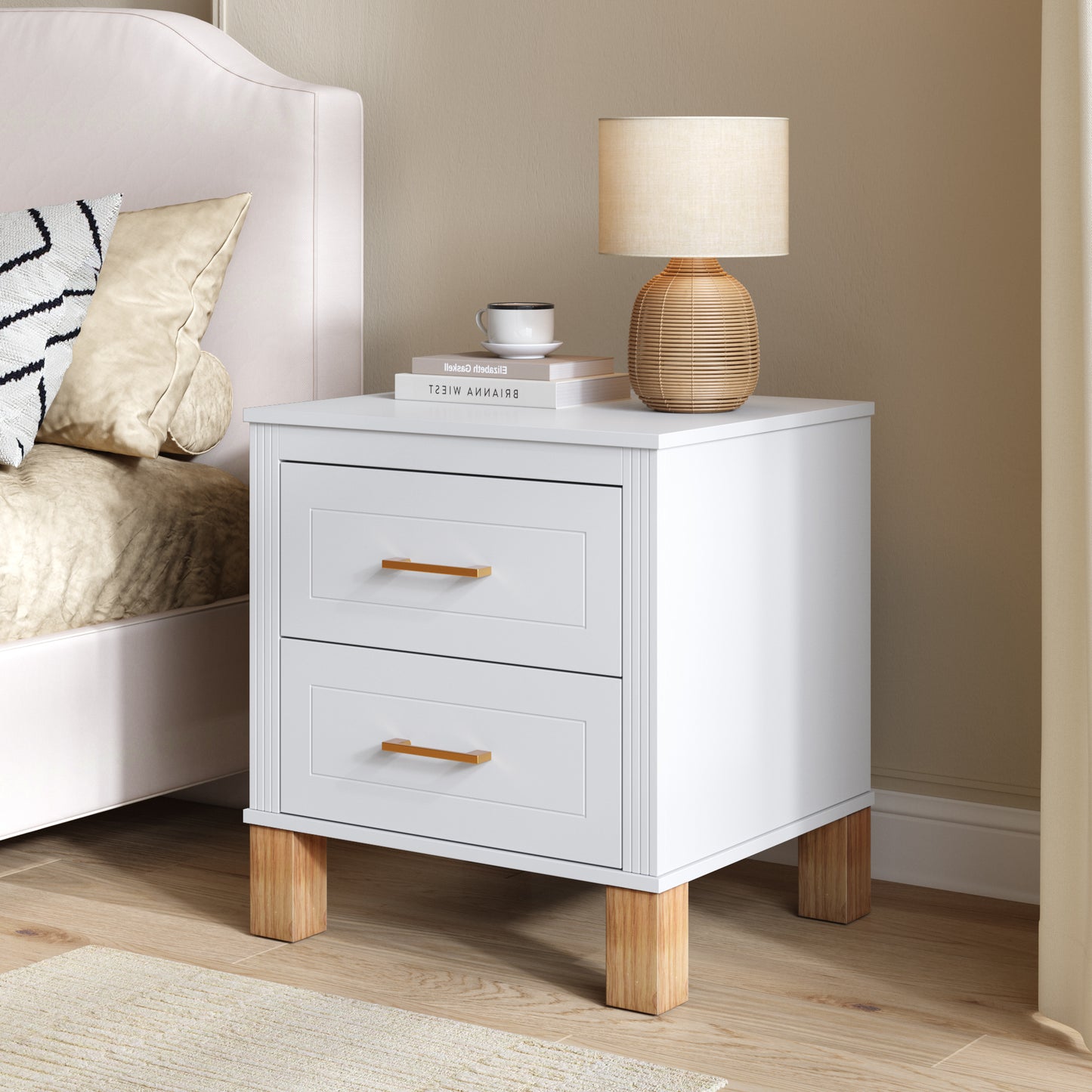 2 Drawer Nightstand with Elegant Fluted Design - White