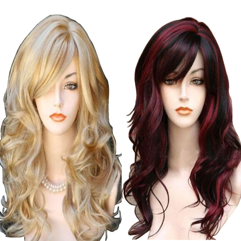 Long Curly Synthetic Wigs with Oblique Bangs - Multiple Colors