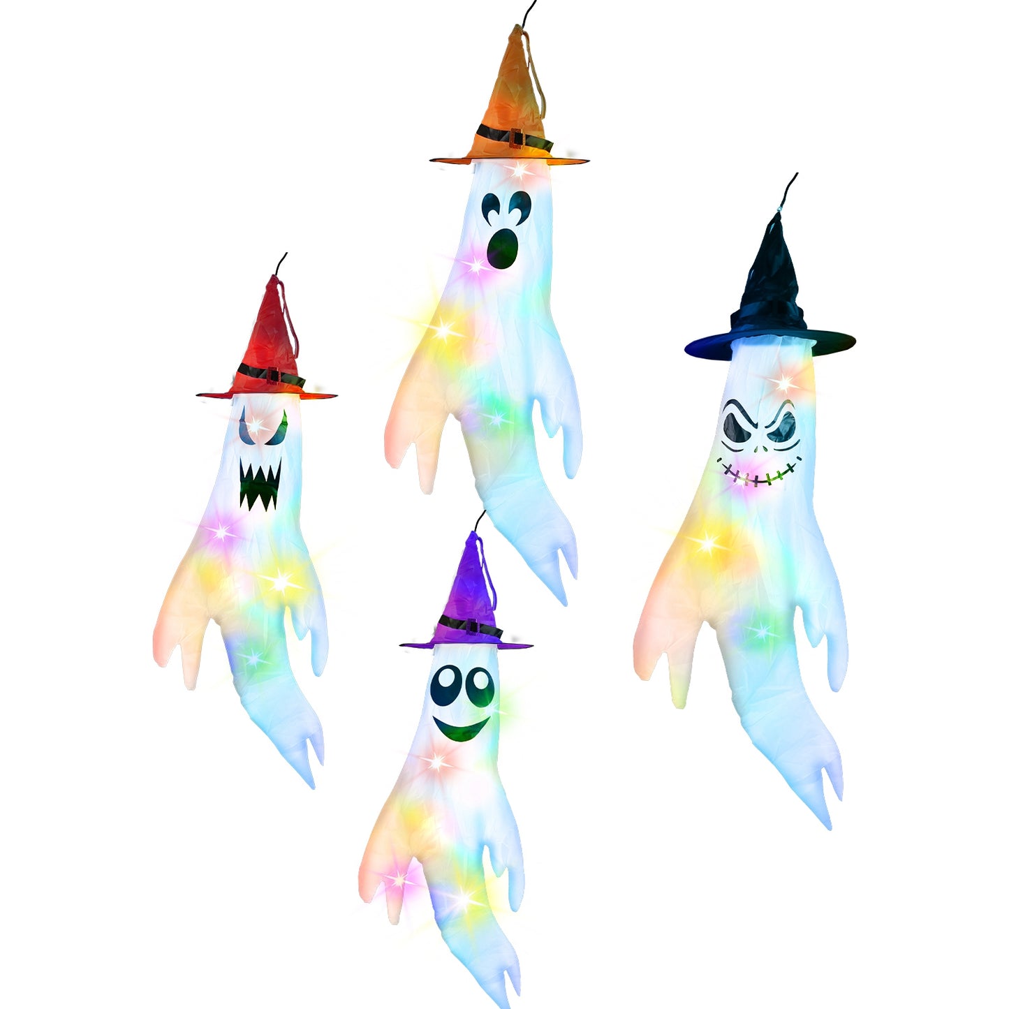 Halloween Ghost Windsocks Decoration Set with Colorful LED Lights - 4 Pcs