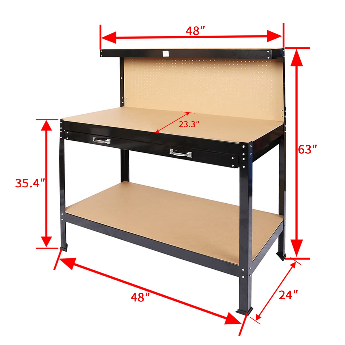 63" Tool Cabinet Workbench Storage with Drawer & Pegboard - Black