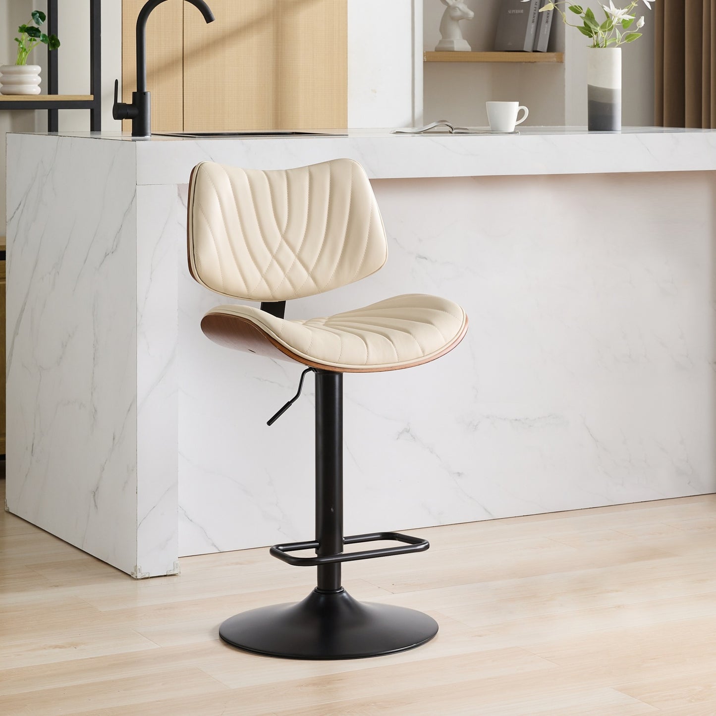 Beige Walnut Bentwood Bar Stool - Mid Century Modern Adjustable Height
