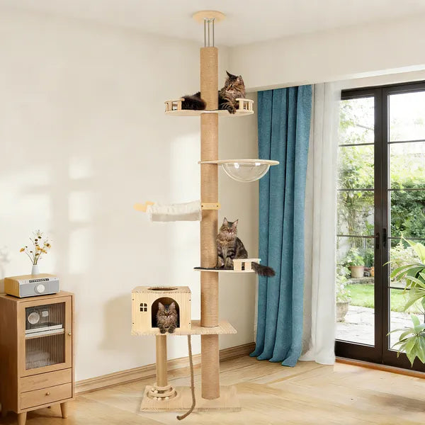 Adjustable Floor to Ceiling Cat Tree with Multi-Level Climbing Tower, Scratching Posts, Cozy Hammock & Transparent Capsule