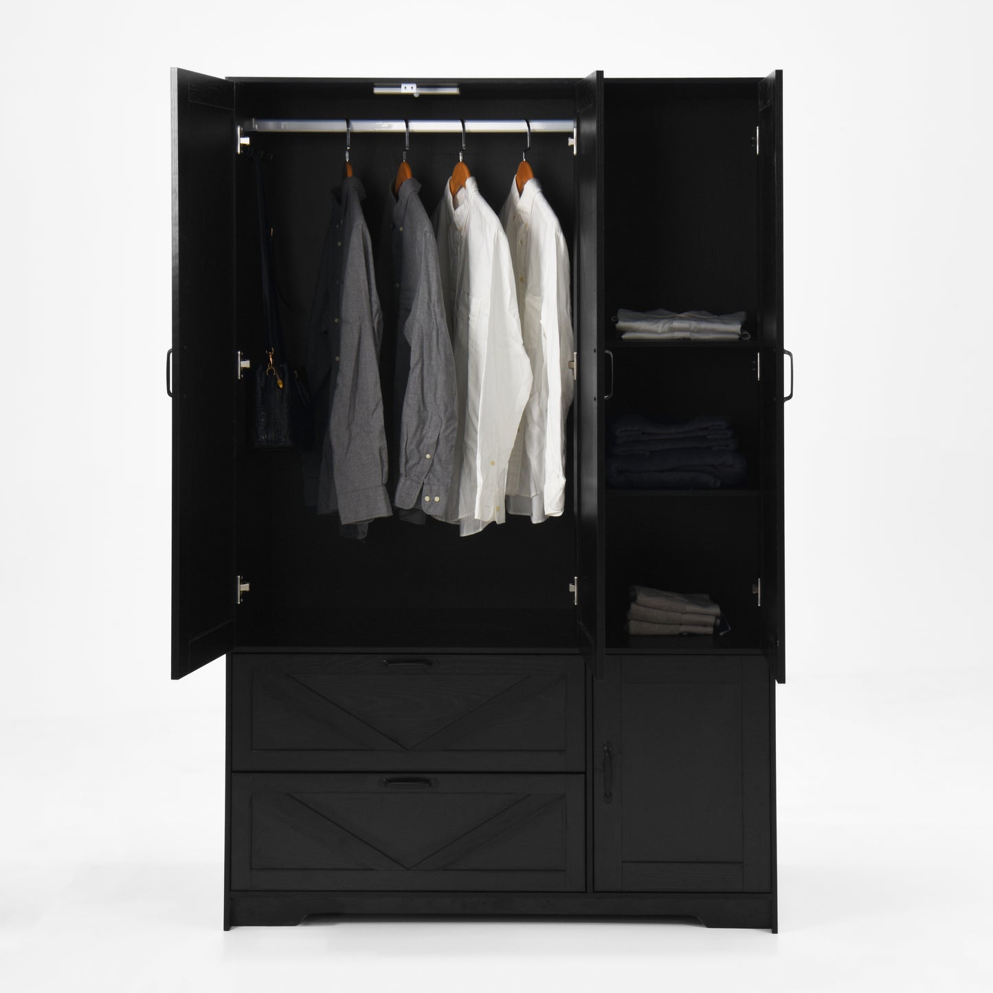 Black 4-Door Wardrobe Closet with Mirror & LED Lighting