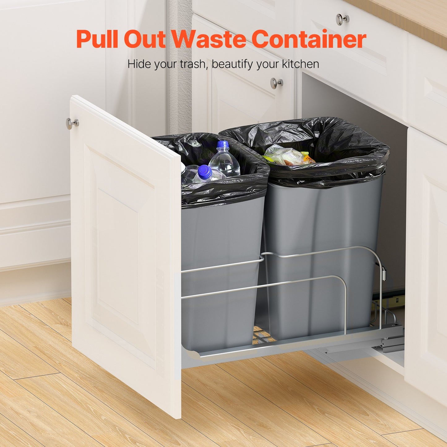 27QT Double Pull-Out Kitchen Trash Can with Soft Close - Grey