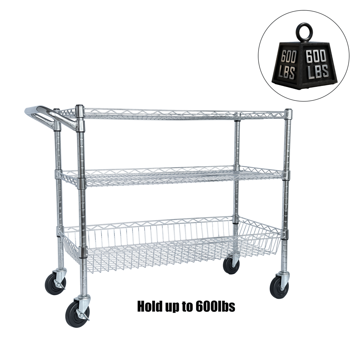 Heavy Duty 3-Tier Rolling Utility Cart with Handle and Shelves - Chrome