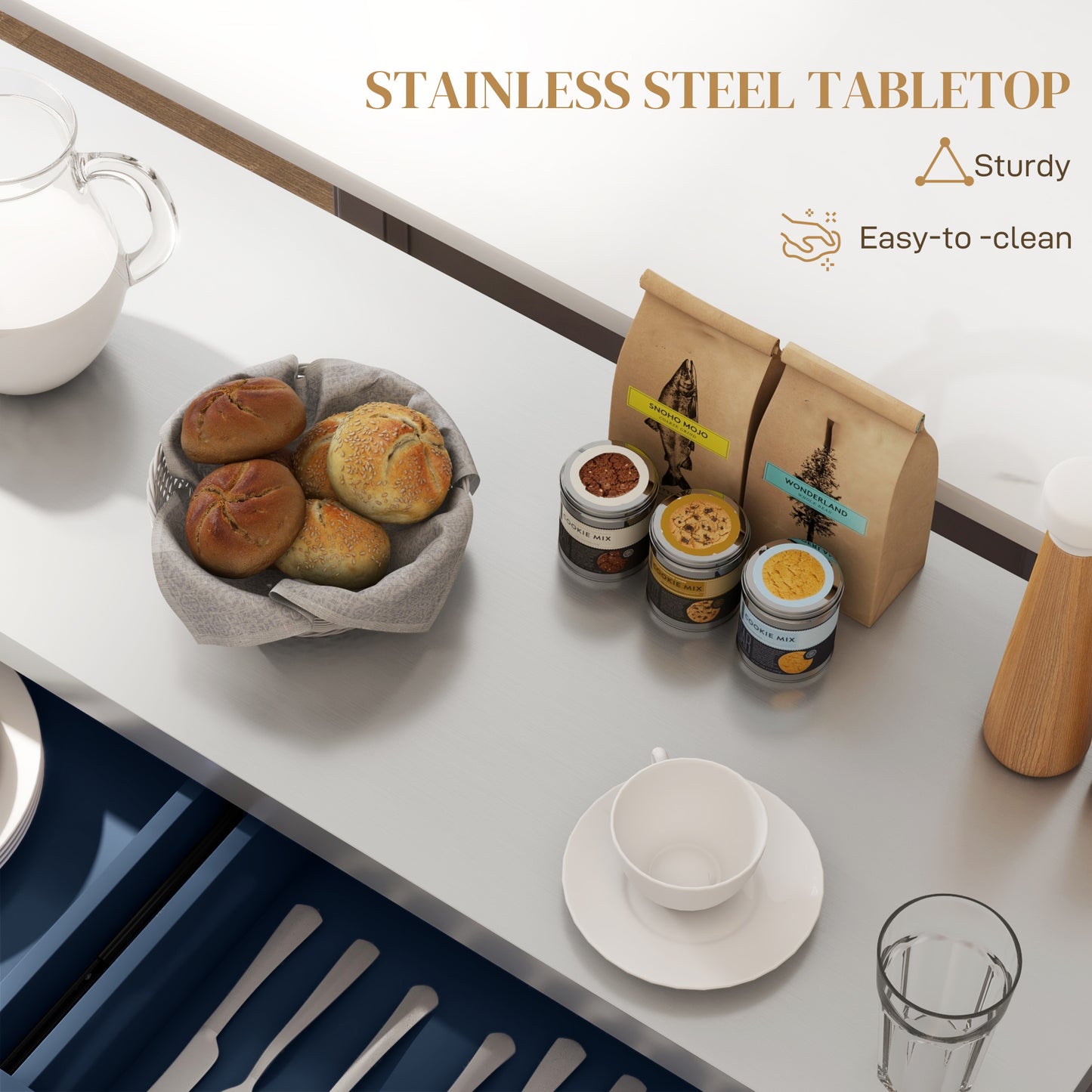 Rolling Kitchen Island with Stainless Steel Top & Drawers - Navy Blue
