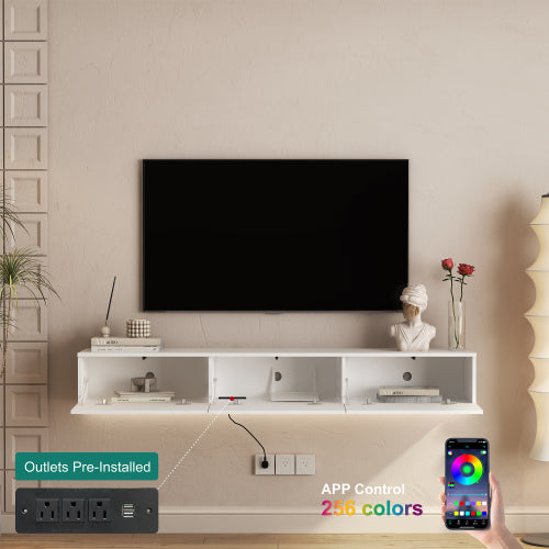 Floating TV Stand with 16 Color LEDs - Wall Mounted Entertainment Center for 55-65 Inch TVs - White