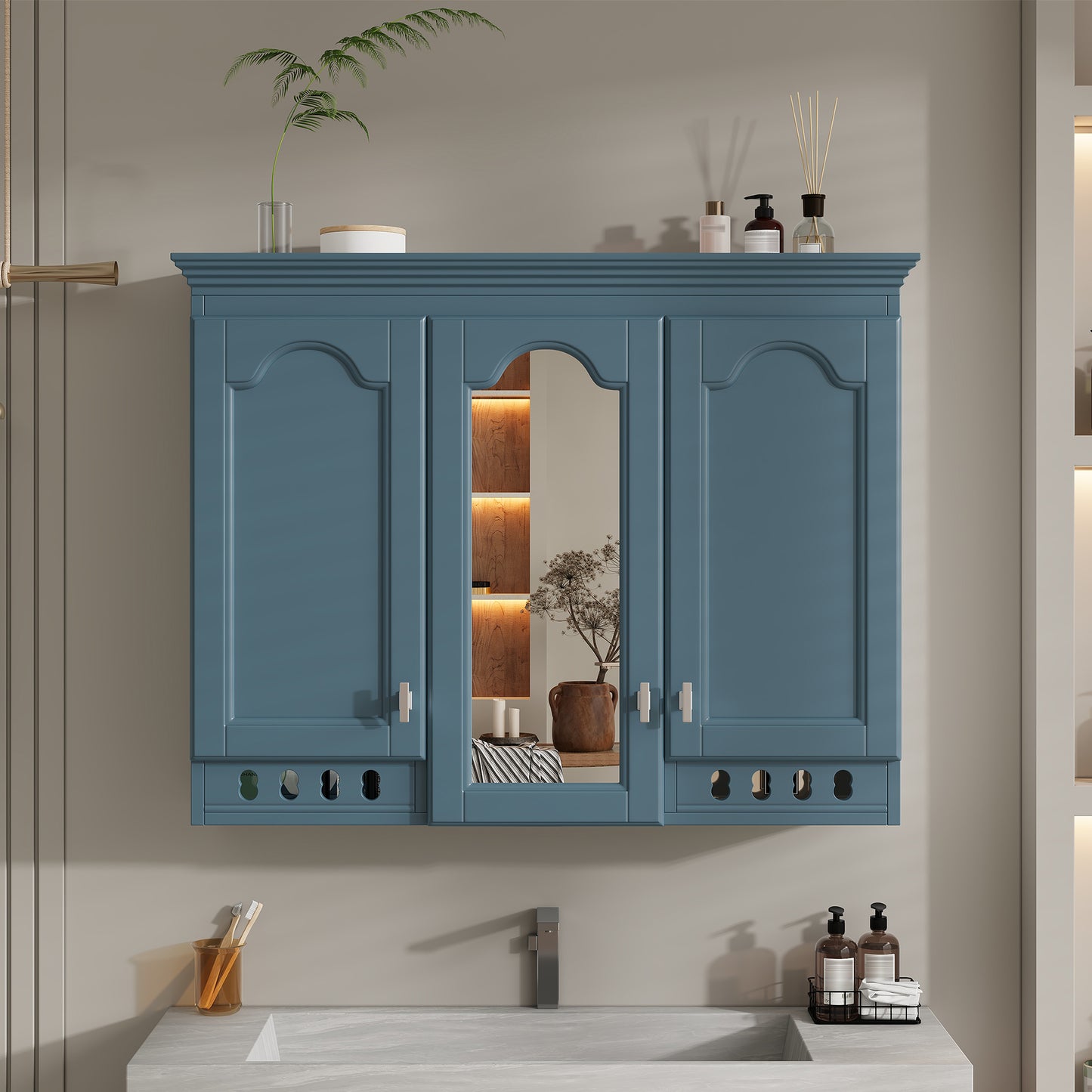 35 Inch Wall-Mount All-in-One Mirror Cabinet With Adjustable Shelves,
