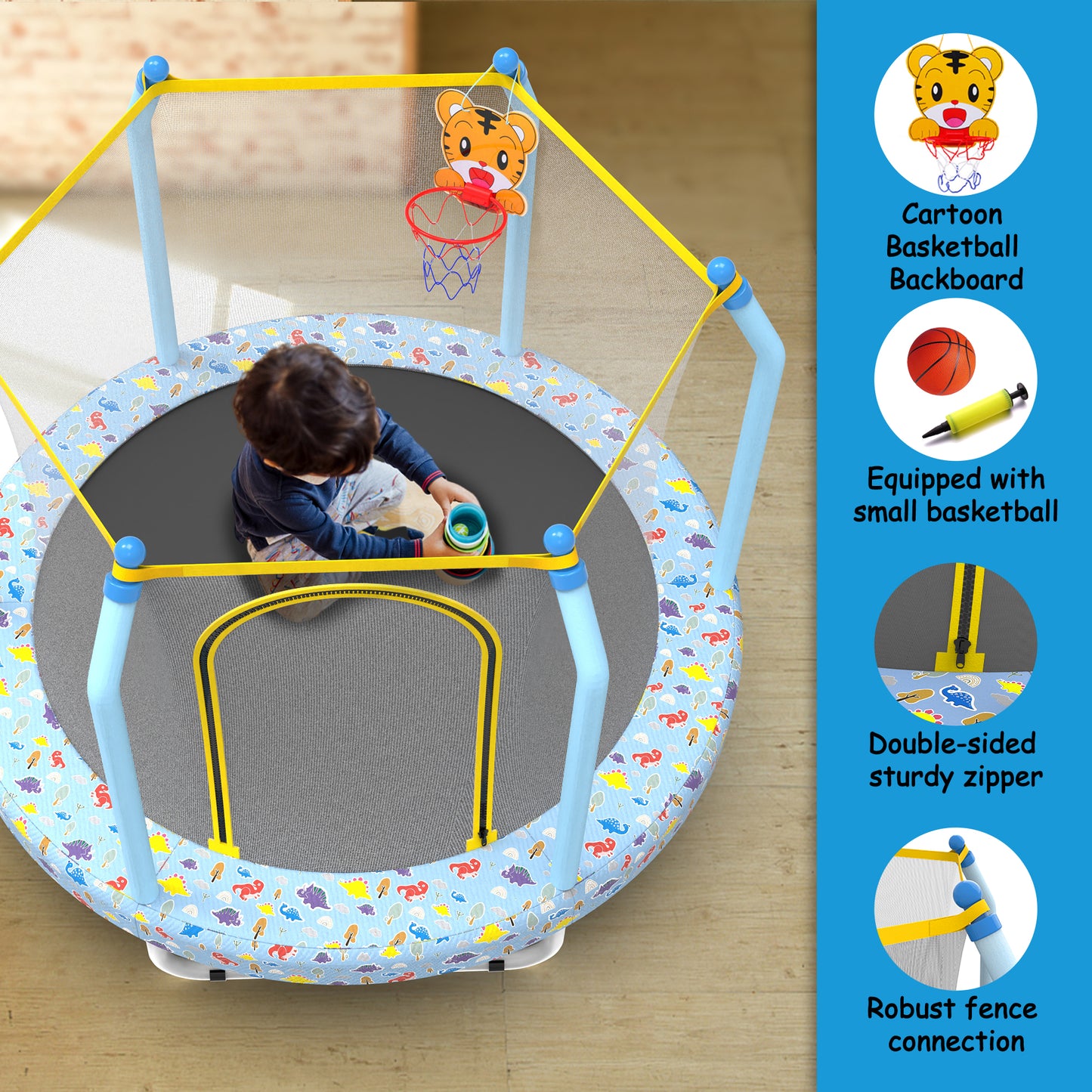 55-Inch Toddler Trampoline with Basketball Hoop - Blue Forest